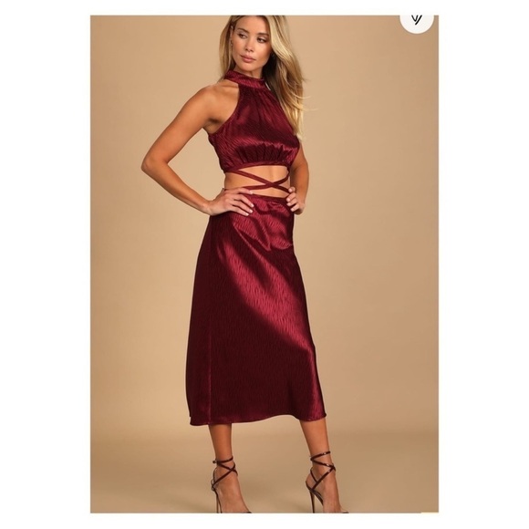 NEW LULU'S Fierce Vision Red Jacquard Print Satin Cutout Midi Dress XS - Picture 6 of 9